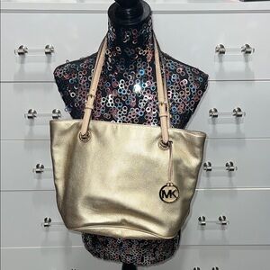 Michael Kors Gold Pebbled Leather Tote with Adjustable Cream Strap